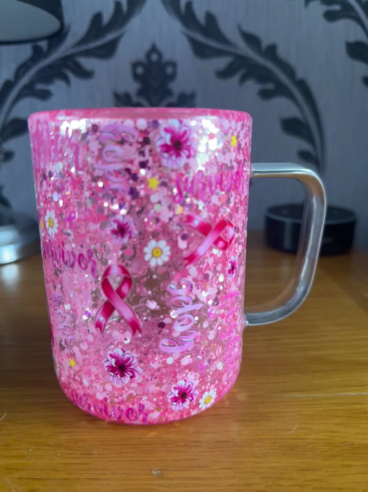 Cancer Survivor Sparkly Pink 15oz Cup with Handle - Ready to Ship